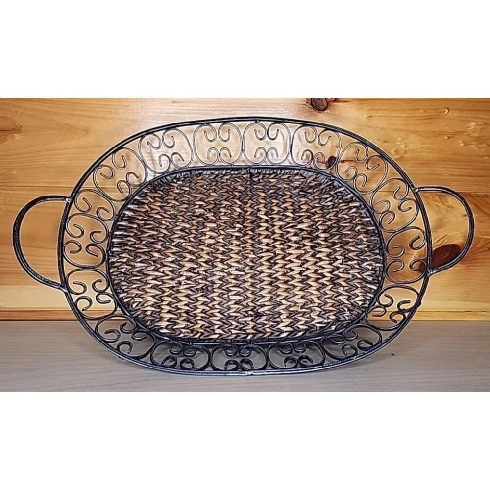 Metal and Wicker Serving Tray with Handles Distressed Farmhouse Decor Basket